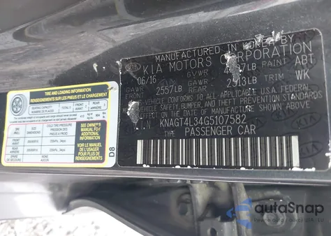 2016 Kia Optima Lx из США, поврежденный, VIN KNAGT4L34G5107582